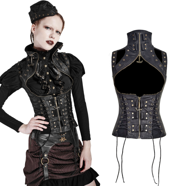 PUNK RAVE Y-674 (BK) Eye-catching ladies steampunk vest in black leatherette with zipper and laces