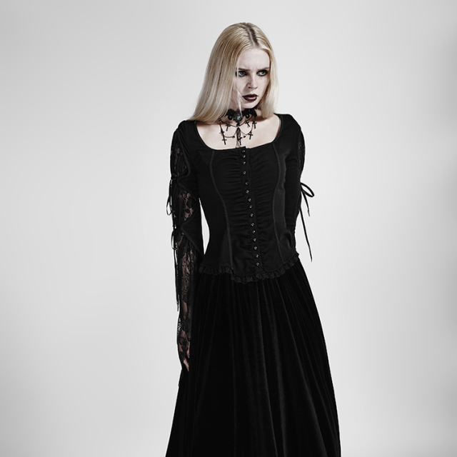 Viktorianische / Gothic-Bluse Dark Amber mit Spitze - Größe: L