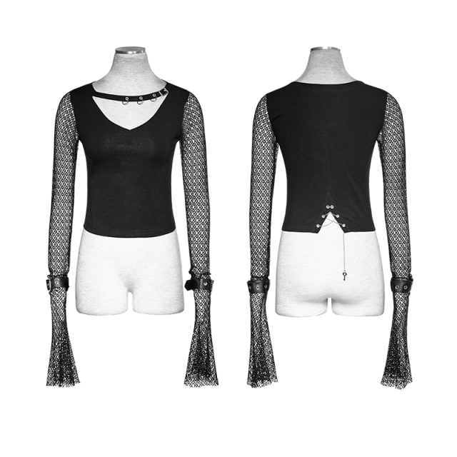 Punk-Rave T-451 Black heavy metal festival shirt with long sleeves made of mesh fabric. Ladies Alternative Clothing