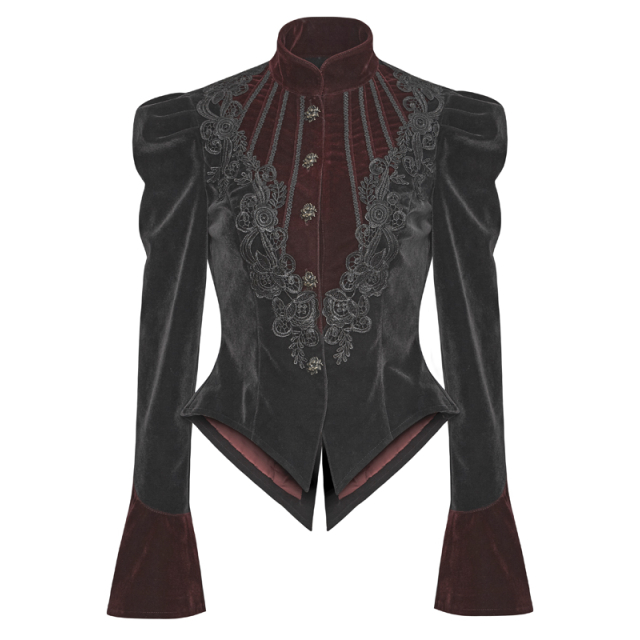 Victorian short jacket Duchessa in red and black velvet with puff sleeves
