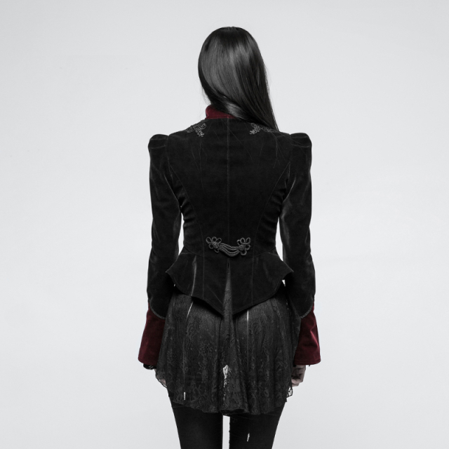 Victorian short jacket Duchessa in red and black velvet with puff sleeves
