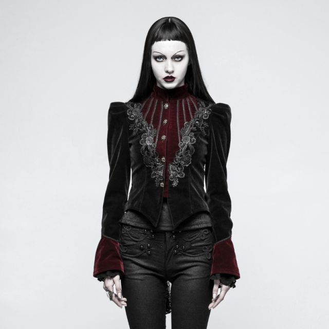 Victorian short jacket Duchessa in red and black velvet with puff sleeves - size: S