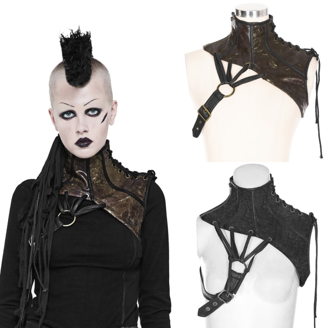 PUNK RAVE WS-260 wide asymmetrical LARP / medieval collar made of soft artificial leather in brown or black with lacing