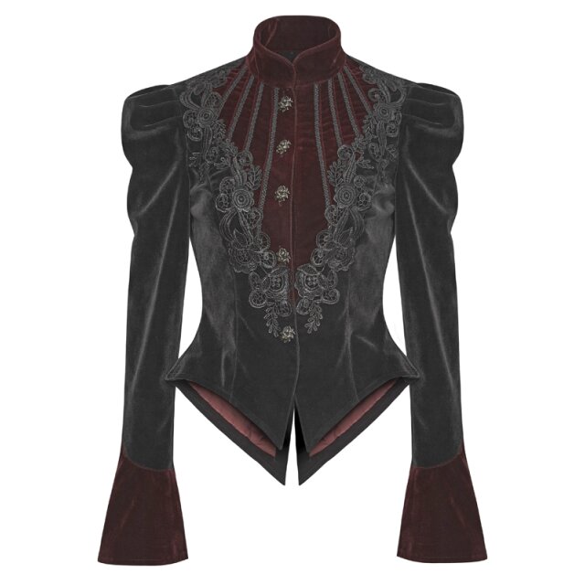 Victorian short jacket Duchessa in red and black velvet with puff sleeves - size: XL
