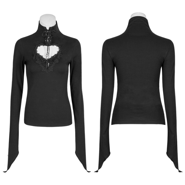 PUNK RAVE T-481 schwarzes Gothic Basic Shirt aus Baumwolle. Mit Herzausschnitt & Zierschnürung.