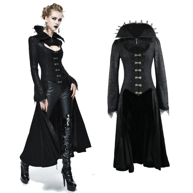 Langer schwarzer Vokuhila Gothic Mantel aus weichem Velours mit hohem Kragen und Schnürung am Rücken. Marke: Devil Fashion