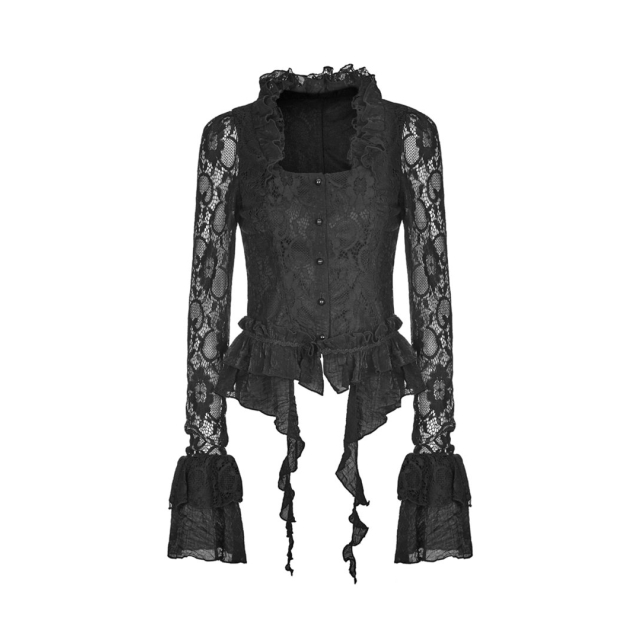 Lace blouse Clara with ruffles and trumpet sleeves - size: L
