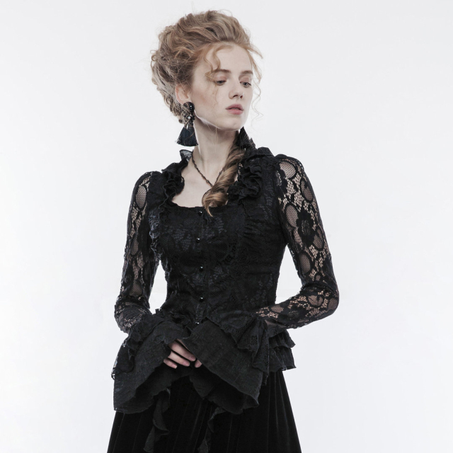 Lace blouse Clara with ruffles and trumpet sleeves - size: L