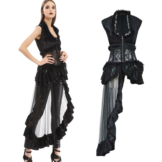 Beautiful black velvet vest with asymmetrical train and flounce for gothic parties or festivals
