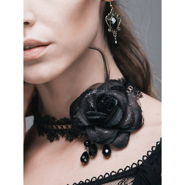 schwarzes Spitzenhalsband Glittering Rose mit Blüte und Perlen