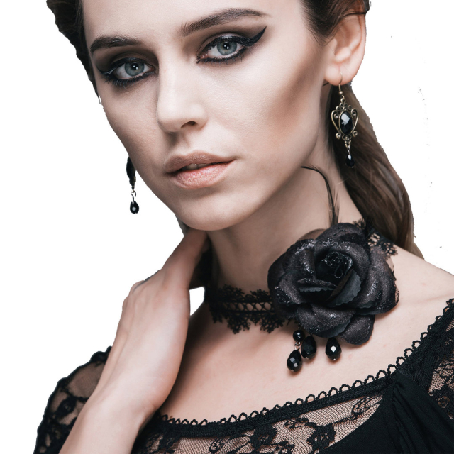 Soft enchanting black lace necklace with flowers and...