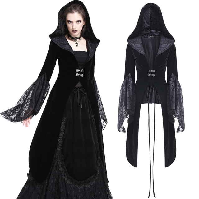 DARK IN LOVE JW159 black victorian velvet jacket with hood. ladies gothic steampunk & medieval clothing