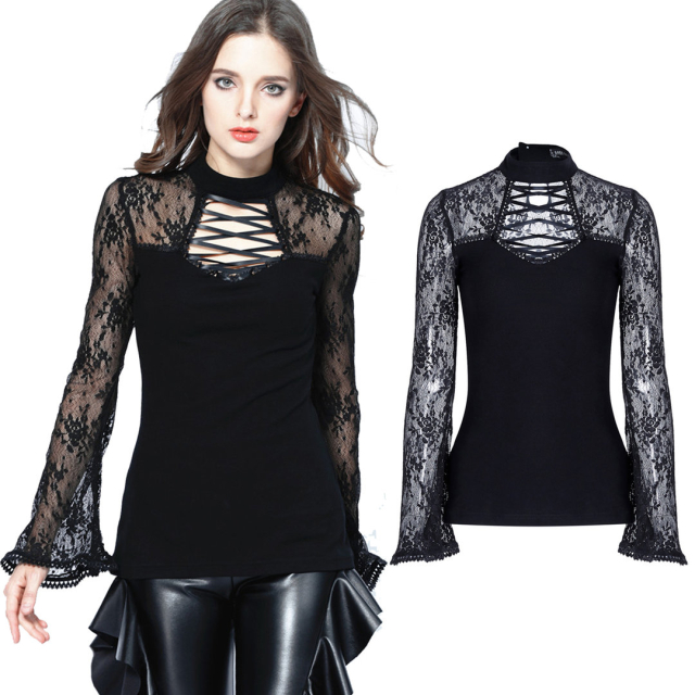 DARK IN LOVE TW102 black long sleeve shirt with lace. ladies gothic, steampunk & medieval clothing