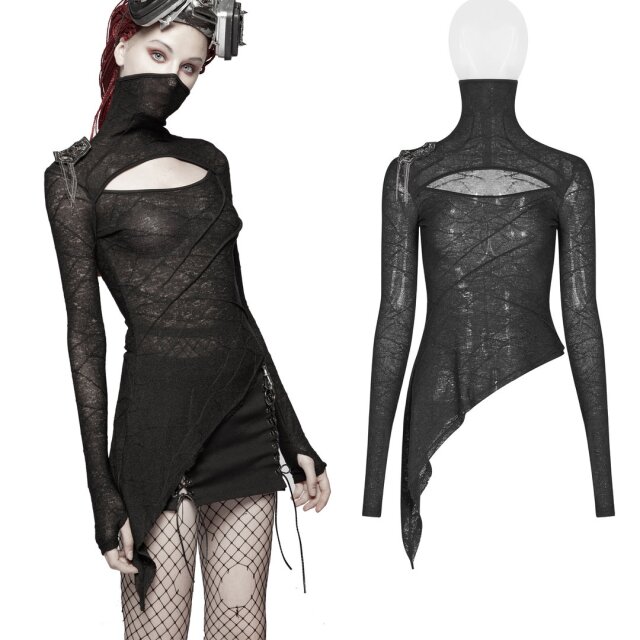 PUNK-RAVE OT-554BK dünnes schwarzes Punk-Stricktop mit Rollkragen-Maske. Damen Gothic & LARP Kleidung