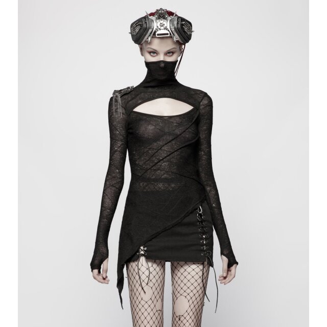 Asymmetrisches Punk- /Cyber-Langarmshirt Sonic mit Rollkragen / Maske - Größe: XL-2XL
