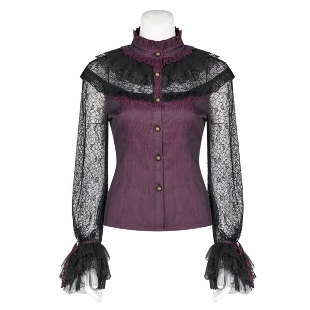 Purple-black PUNK RAVE steampunk blouse Jewel with lace sleeves - size: S