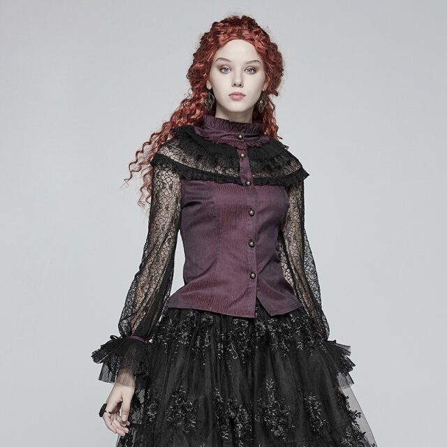 Purple-black PUNK RAVE steampunk blouse Jewel with lace sleeves - size: S