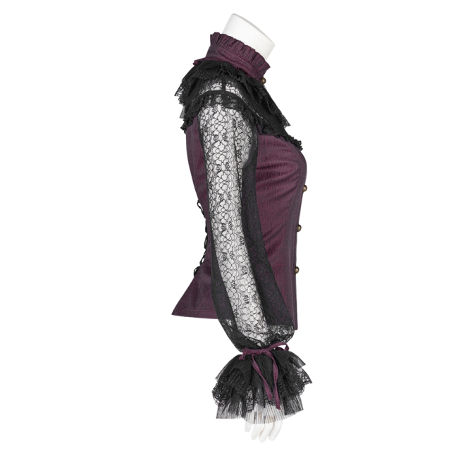 Lila-schwarze PUNK RAVE Steampunk-Bluse Jewel mit Spitzenärmeln - Größe: M