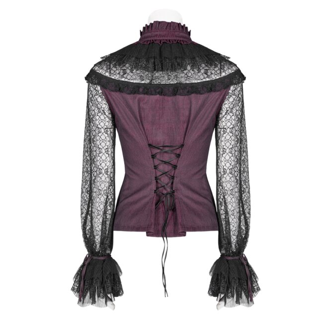 Purple-black PUNK RAVE steampunk blouse Jewel with lace sleeves - size: L