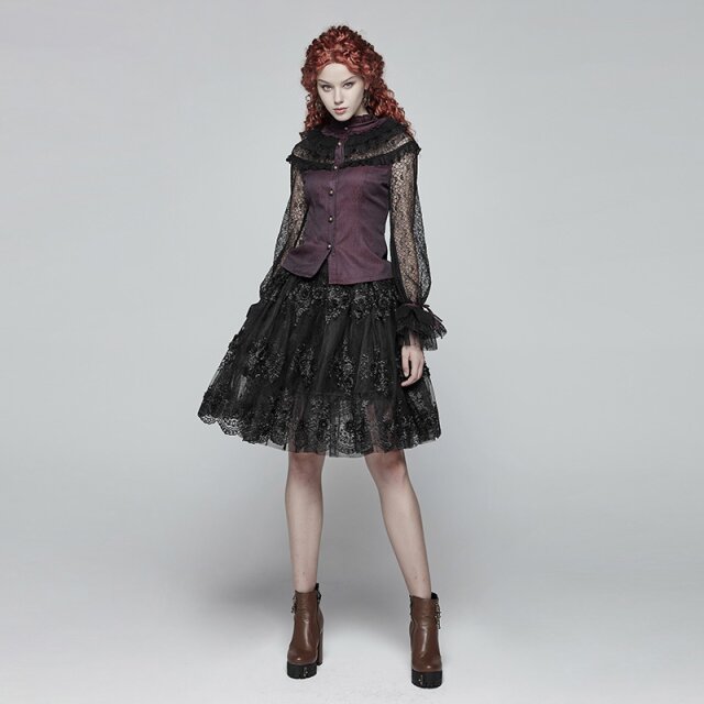 Purple-black PUNK RAVE steampunk blouse Jewel with lace sleeves - size: L