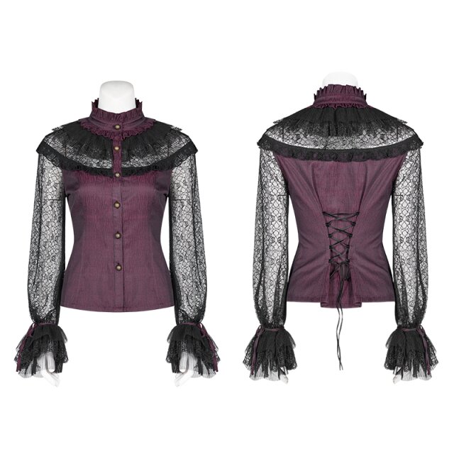 Purple-black PUNK RAVE steampunk blouse Jewel with lace sleeves - size: L