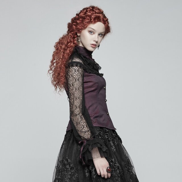 Purple-black PUNK RAVE steampunk blouse Jewel with lace sleeves - size: L