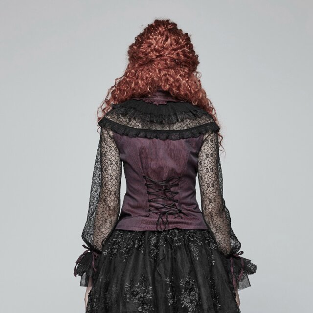 Purple-black PUNK RAVE steampunk blouse Jewel with lace sleeves - size: L