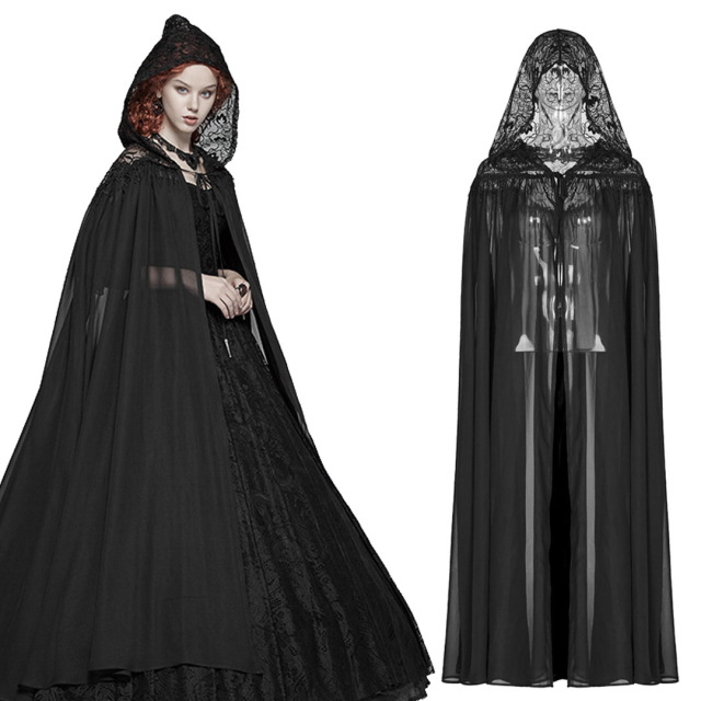 PUNK RAVE WY-959 langer schwarzer Gothic Chiffon Umhang mit Spitzenkapuze für feminine dark Ladies