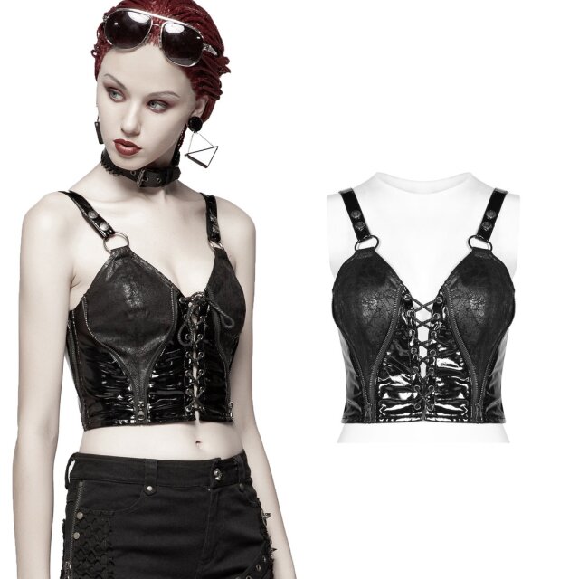 Punk Rave WT-542BRI Schwarzes bauchfreies Gothic Damen Trägershirt aus Lack mit Velours