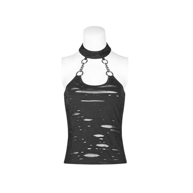 PUNK RAVE Neckholder Fetzenshirt mit Ketten und Halsband - Größe: XS-S