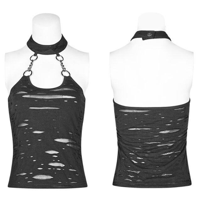 PUNK RAVE Neckholder Fetzenshirt mit Ketten und Halsband - Größe: XS-S