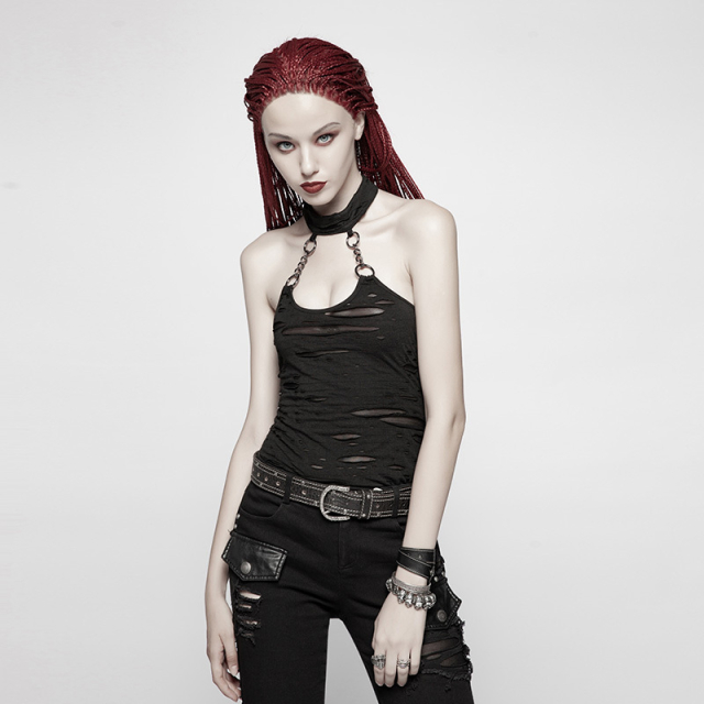 PUNK RAVE Neckholder tattered shirt with chains and collar - size: M-L