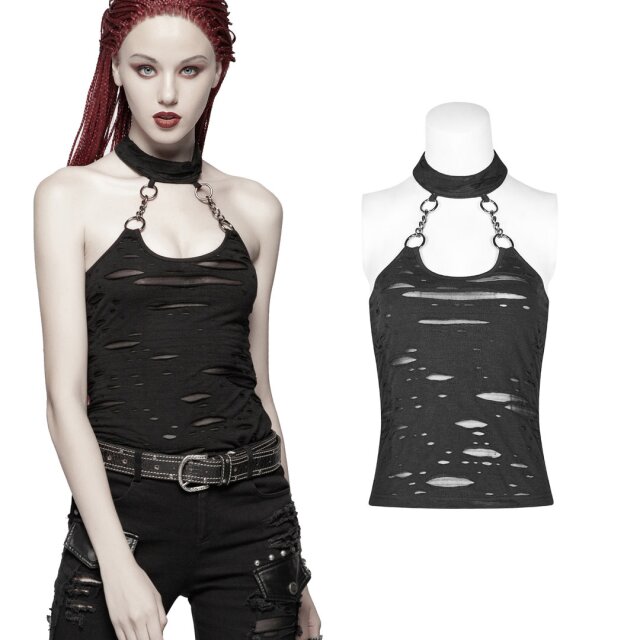 PUNK RAVE WT-541 Cyber strap top in shred look with chains & collar. Ladies alternative Gothic Top