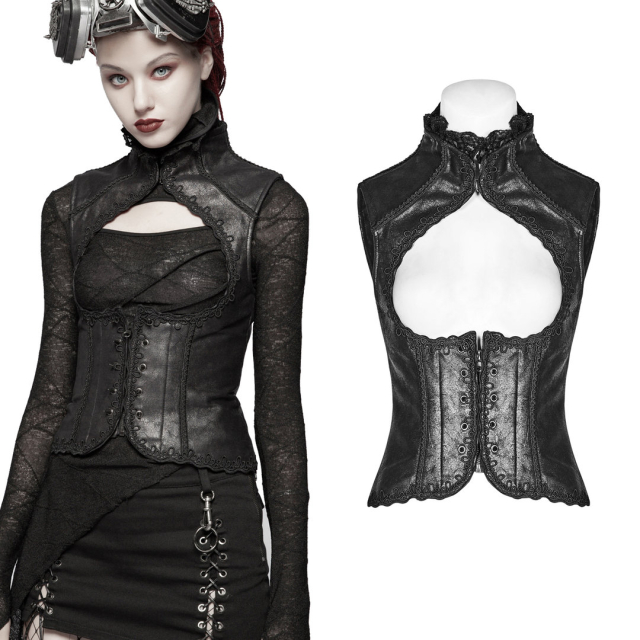 PUNK-RAVE WY-960BK high-necked black velour vest. ladies steampunk & gothic clothing