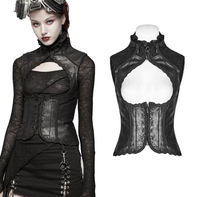 PUNK-RAVE WY-960BK hoch-geschlossene schwarze Velours-Weste. Damen Steampunk & Gothic Kleidung