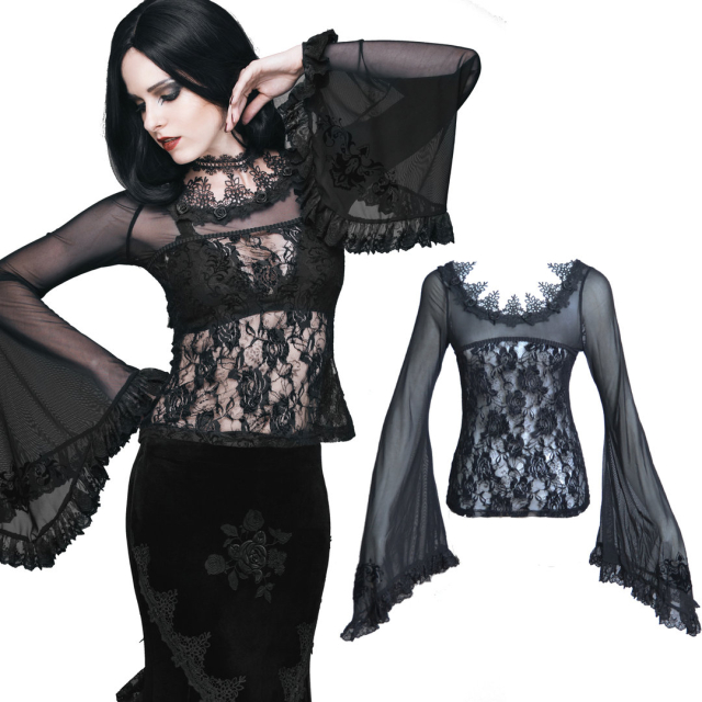 Semi-transparent lace shirt with trumpet sleeves in mesh....