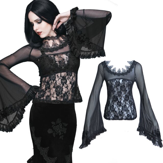 Semi-transparent lace shirt with trumpet sleeves in mesh. Black elegant gothic top for long party nights