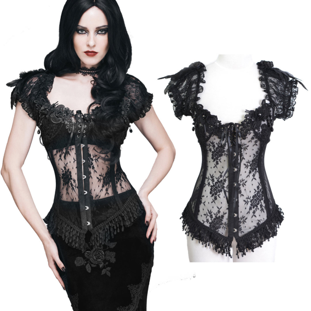 Black burlesque corsage made of transparent lace with short sleeves. Seductive ladies gothic clothing