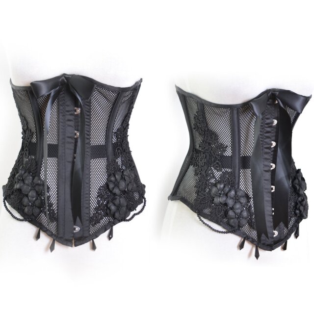 Transparentes schwarzes Burlesque Unterbrustkorsett mit Stäbchen und Blüten. Verführerische Gothic Kleidung