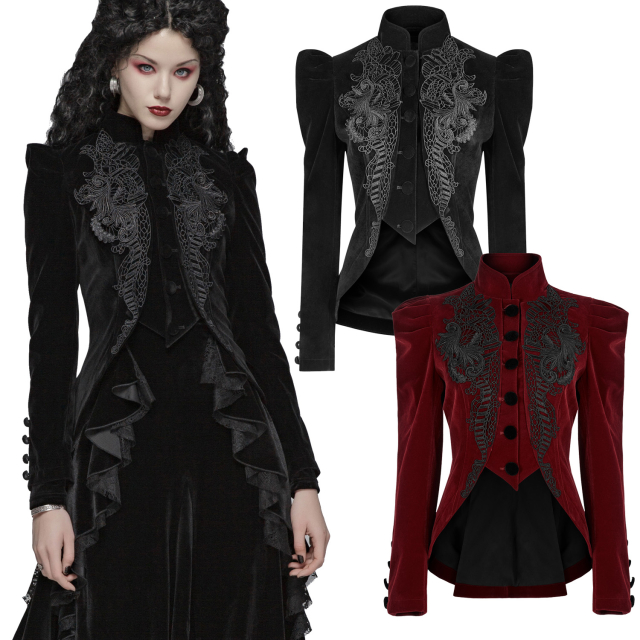PUNK RAVE WY-1045 Gothic velvet jacket with an imitation waistcoat, puffed sleeves and elegant lace ornament on the chest. Available in plain black or red with black lace