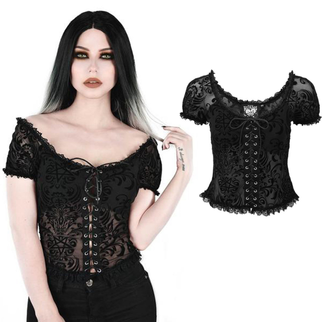 KILLSTAR Vanquished Ruffle Top. Black ladies short sleeve gothic shirt with lacing