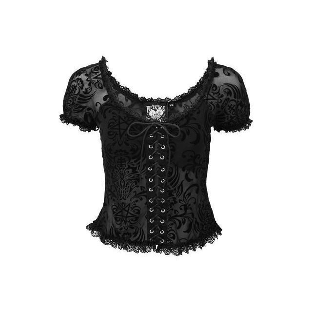 Short KILLSTAR Mesh-Top Vanquished with ruffles, short sleeves and tendril flock print - size: M