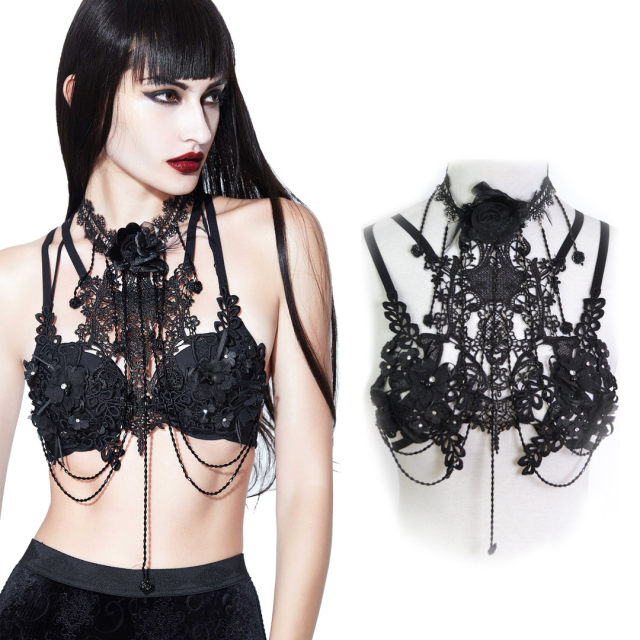 Wunderschöner romantischer schwarzer Brustschmuck mit Halsband und Blüten. Stilvolles Damen Gothic Accessoire