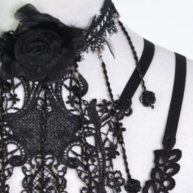 Romantischer Brustschmuck Fiore Nero mit Halsband, Spitze und Blüten
