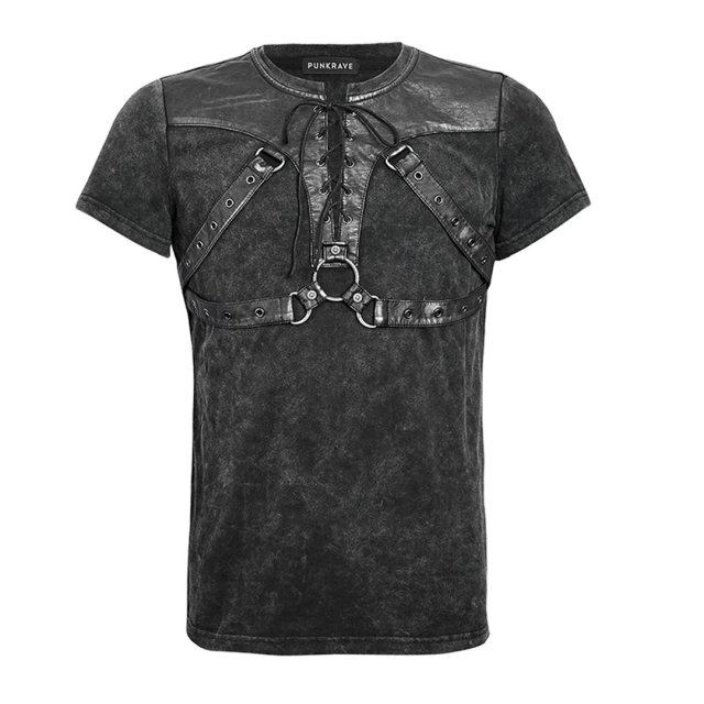 PUNK RAVE T-424 Black Gothic LARP Shirt for men with straps & lacing