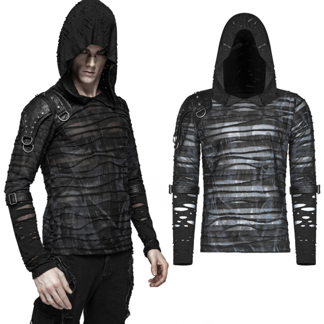 PUNK RAVE WT-559BK thin men gothic shred hoodie with LARP shoulder application