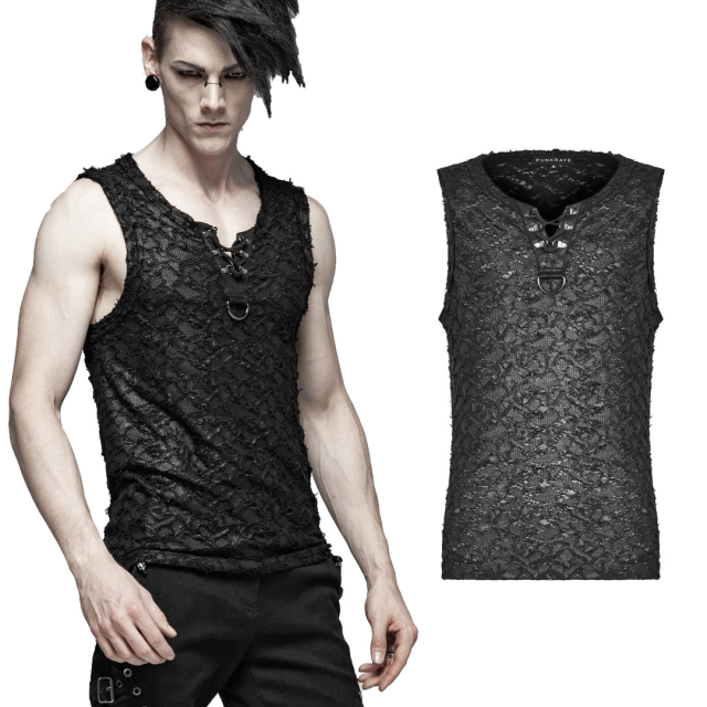 PUNK RAVE WT-563BXMBK Black Slim-Fit Gothic mens tank top with lacing in Destroyed Look