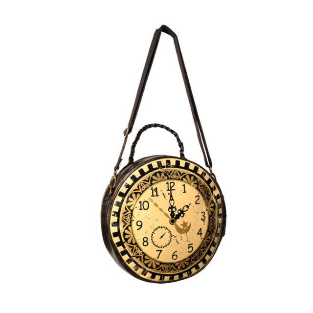 Extravagante Gothic Handtasche in Form einer runden Retro-Uhr von Banned. Stilvolles Accessoire für Dark Ladies