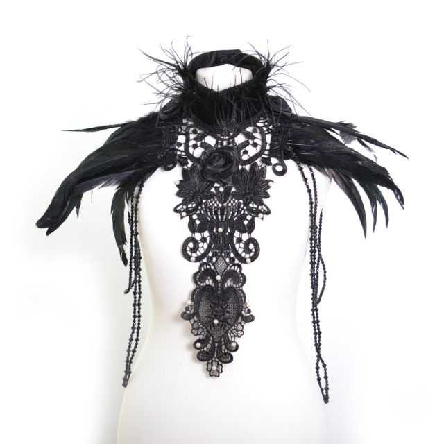 Stylish burlesque choker with feathers and lace over shoulders and chest. Charming black gothic accessory
