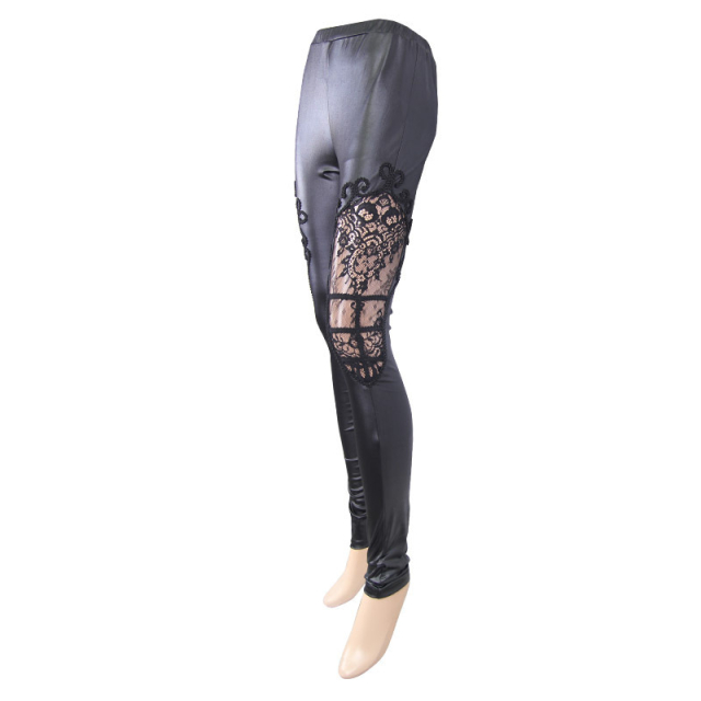 Schwarze Wetlook Stretch Leggings mit transparentem Spitzeneinsatz. Damen Gothic Hose für Party & Alltag